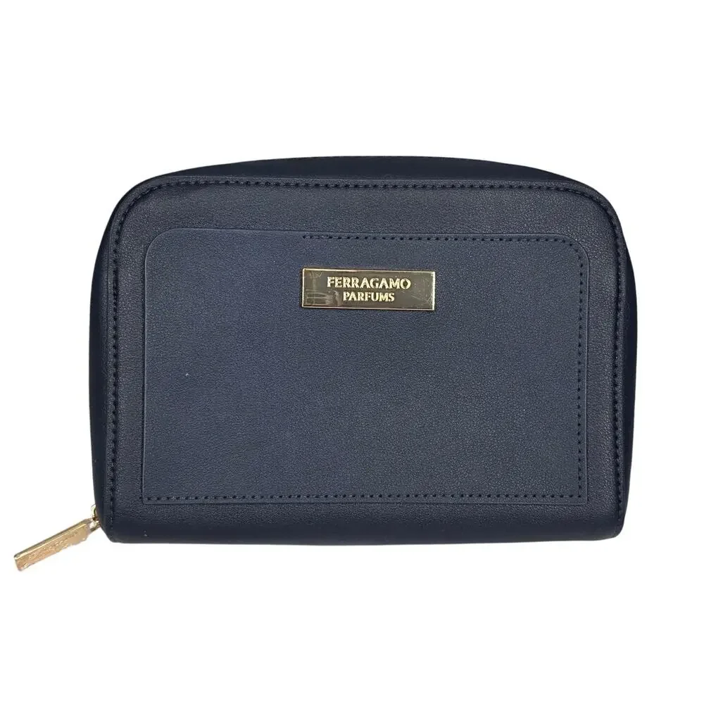 FERRAGAMO PARFUMS x AIR INDIA AMENITY POUCH – NAVY BLUE – GOLD HARDWARE – 8x6x2